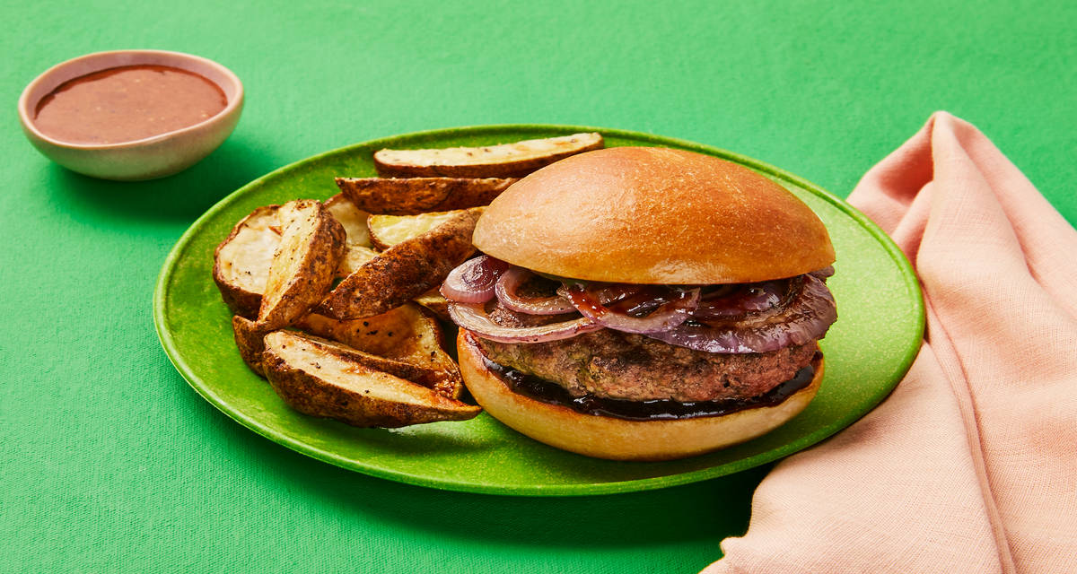 Ancho BBQ Burgers with Griddled Onion & Roasted Asparagus