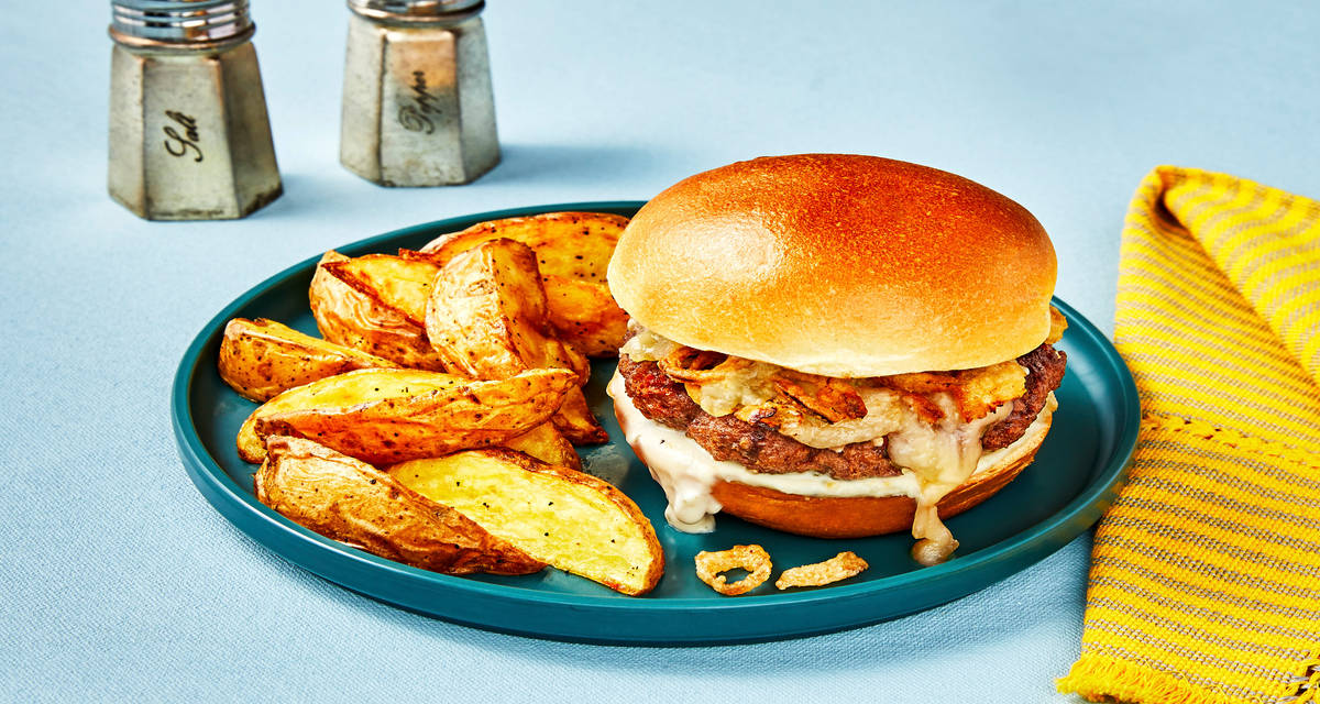 W03 MOD Firehouse Cheeseburgers with Fried Onions, Garlicky Broccoli & Creamy Ranch Sauce