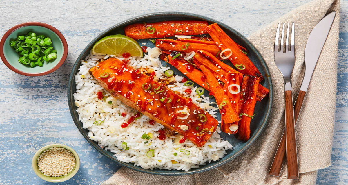 Mustard Soy Salmon with Pickled Scallion, Microwavable Rice & Zesty Carrots-image