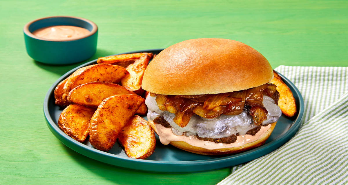 Cheesy Smashed Pork Burgers with Old Bay Roasted Broccoli, Caramelized Onion & Special Sauce