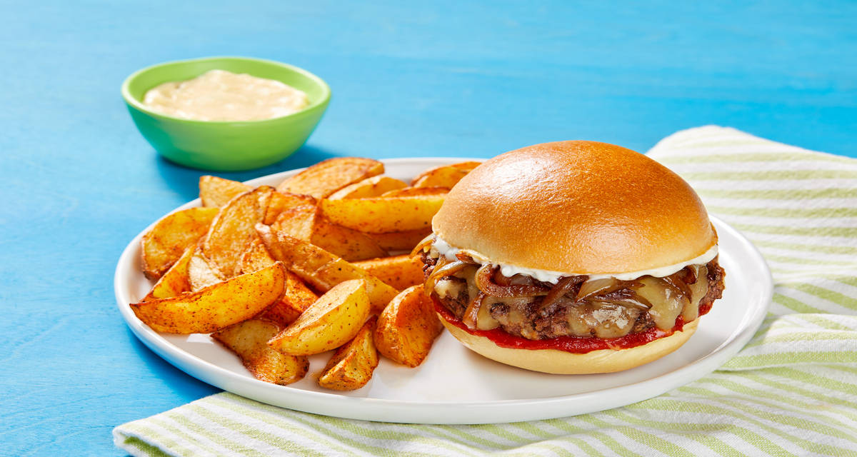 Melty Monterey Jack Burgers with Onion Jam, Garlic Mayo & Roasted Broccoli