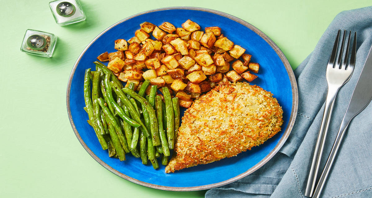 Presto Pesto Panko Chicken with Roasted Broccoli & Green Beans