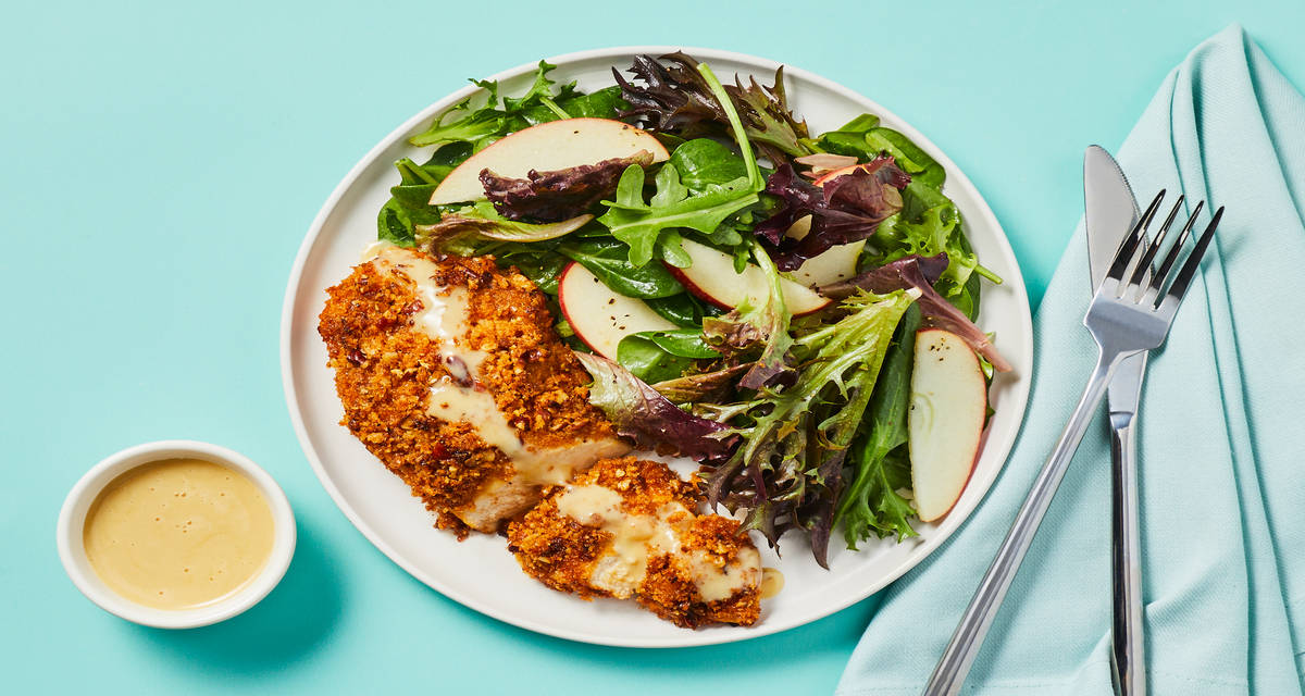 Pecan-Crusted Salmon with Honey Mustard Sauce & Lemony Apple Salad