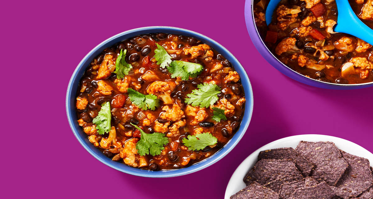 One-Pot Turkey, Cauliflower & Bean Soup with Cilantro & Blue Corn Tortilla Chips