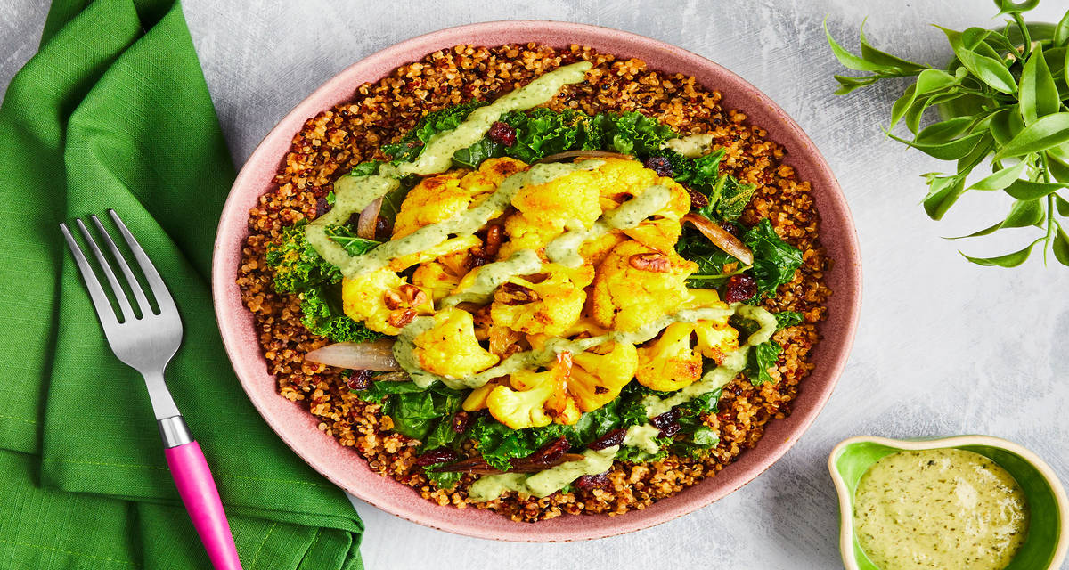 Maple Cauliflower Power Bowls quinoa, kale, cranberries, pecans, herb miso-tahini sauce