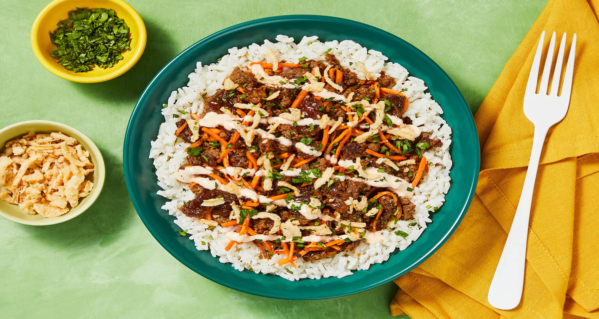 Ginger Soy Beef Bowls with Jasmine Rice, Sriracha Mayo, Cilantro & Crispy Fried Onions