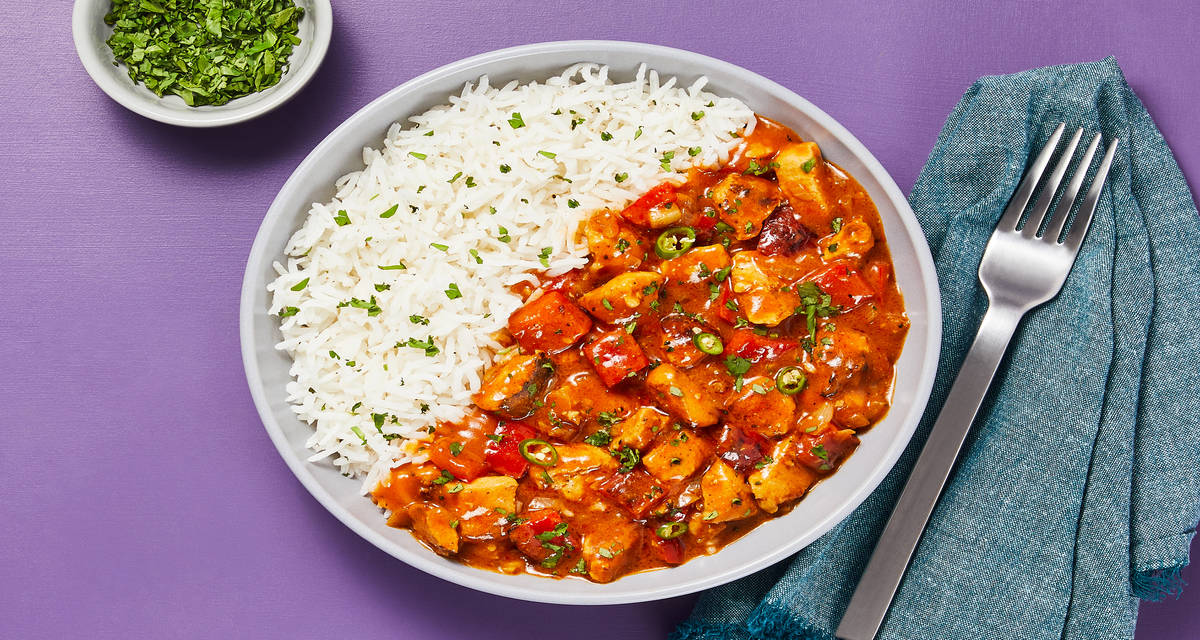 Indian-Style Chicken Curry with Chicken Thighs, Rice, Bell Pepper & Cilantro