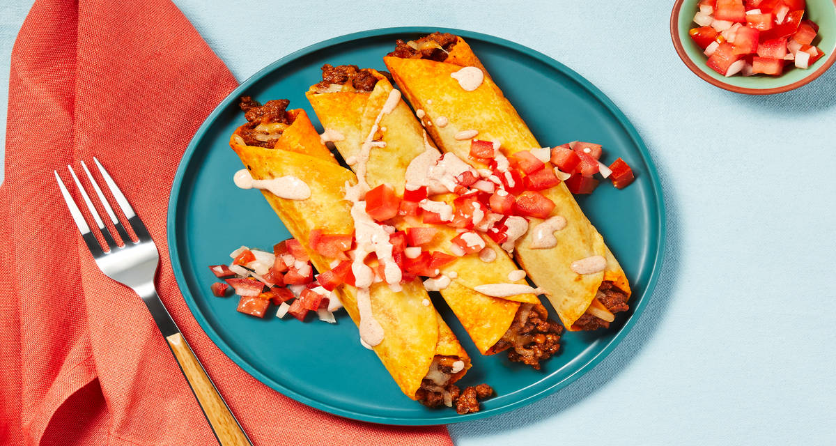 Beef Flautas Supreme with Pico de Gallo & Smoky Red Pepper Crema
