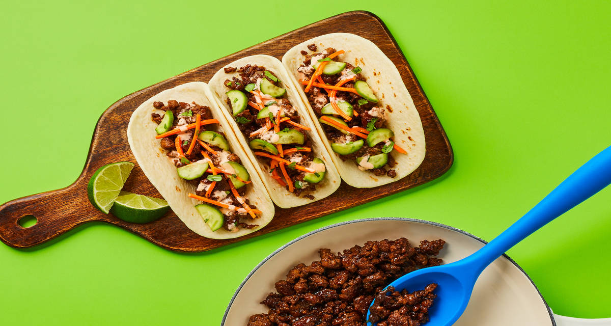 One-Pan Banh-Mi-Style Beef Tacos with Pickled Cucumber and Sriracha Mayo
