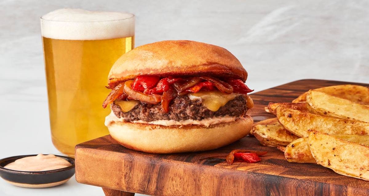 Gouda Vibes Burgers with Tomato Onion Jam & Roasted Asparagus
