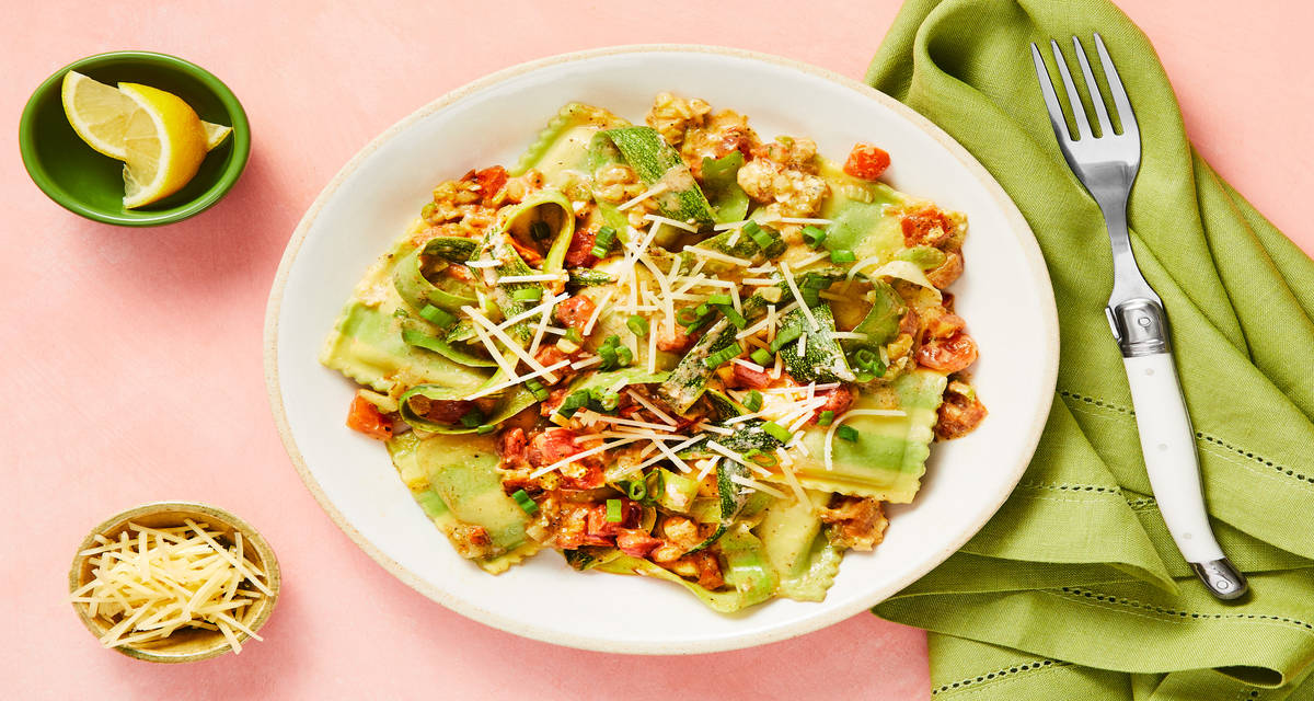 Garden Spinach Ricotta Ravioli with Zucchini Ribbons, Tomato & Creamy Lemon Sauce