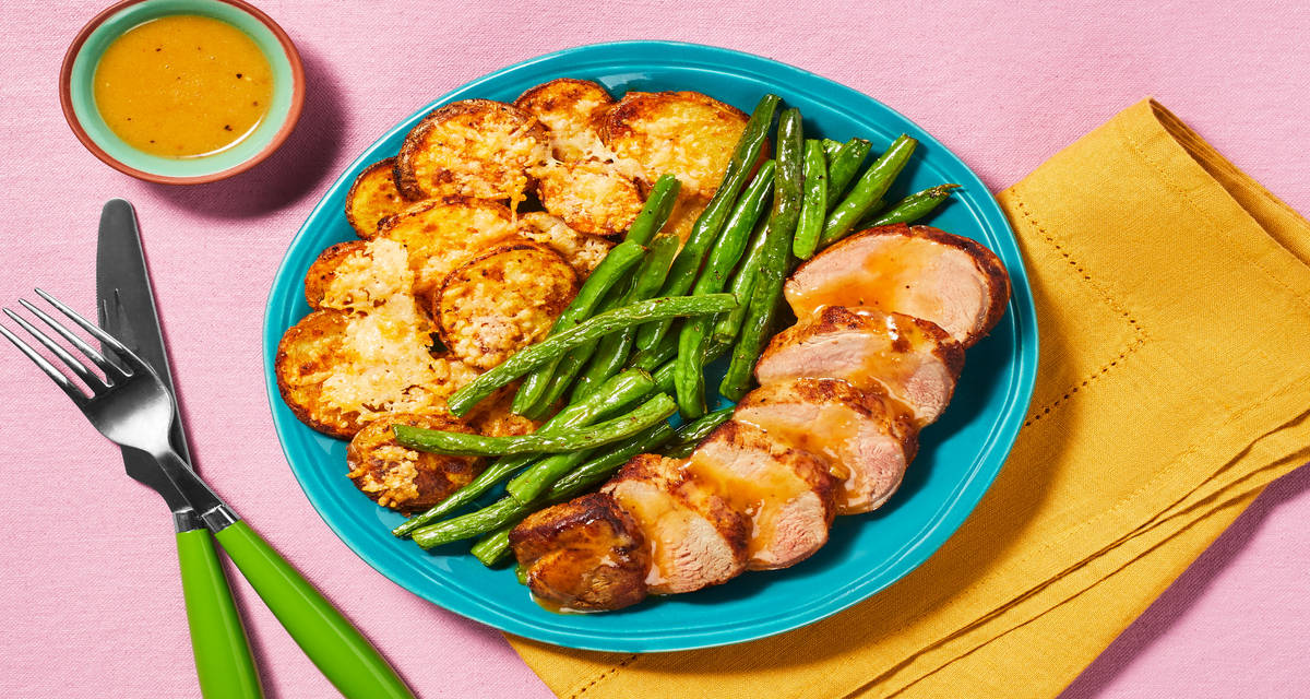 Mustard Apricot Chicken with Parmesan Potatoes & Roasted Green Beans