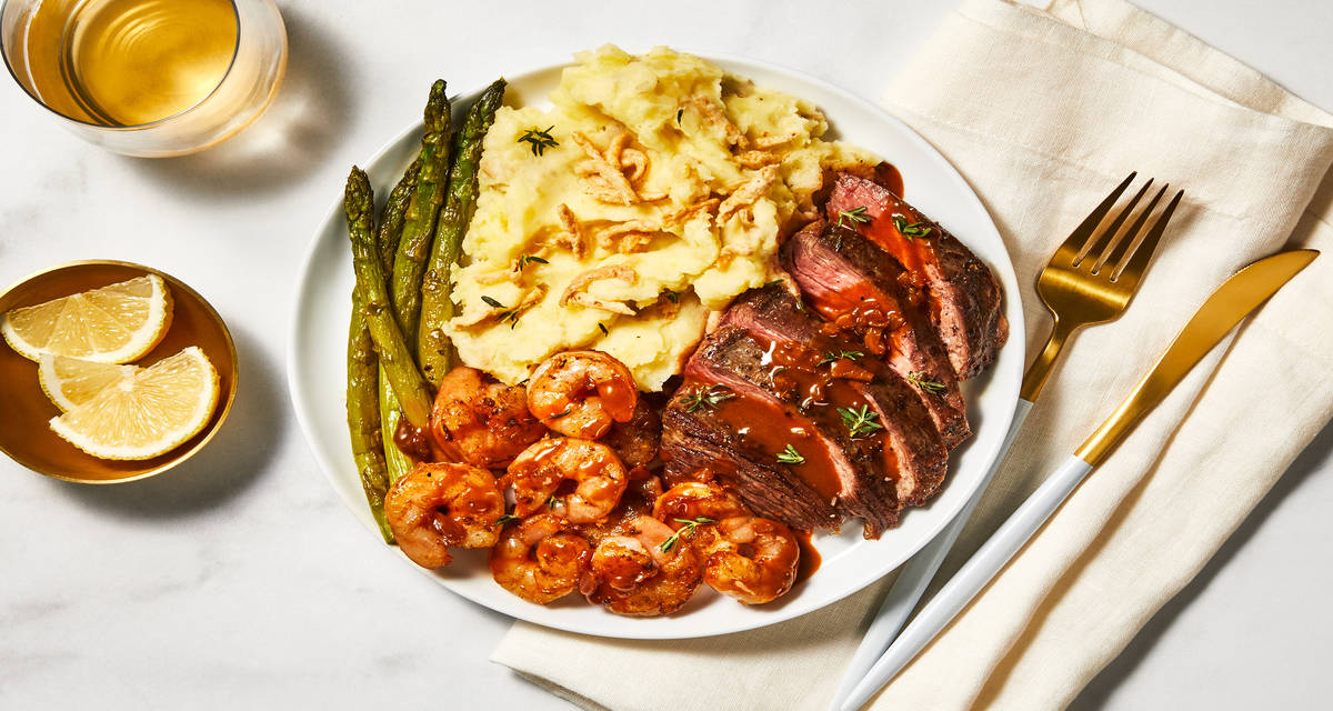 Surf ‘N’ Turf with Lemon-Thyme Sauce plus Zesty Roasted Asparagus & Crispy-Onion Mashed Potatoes
