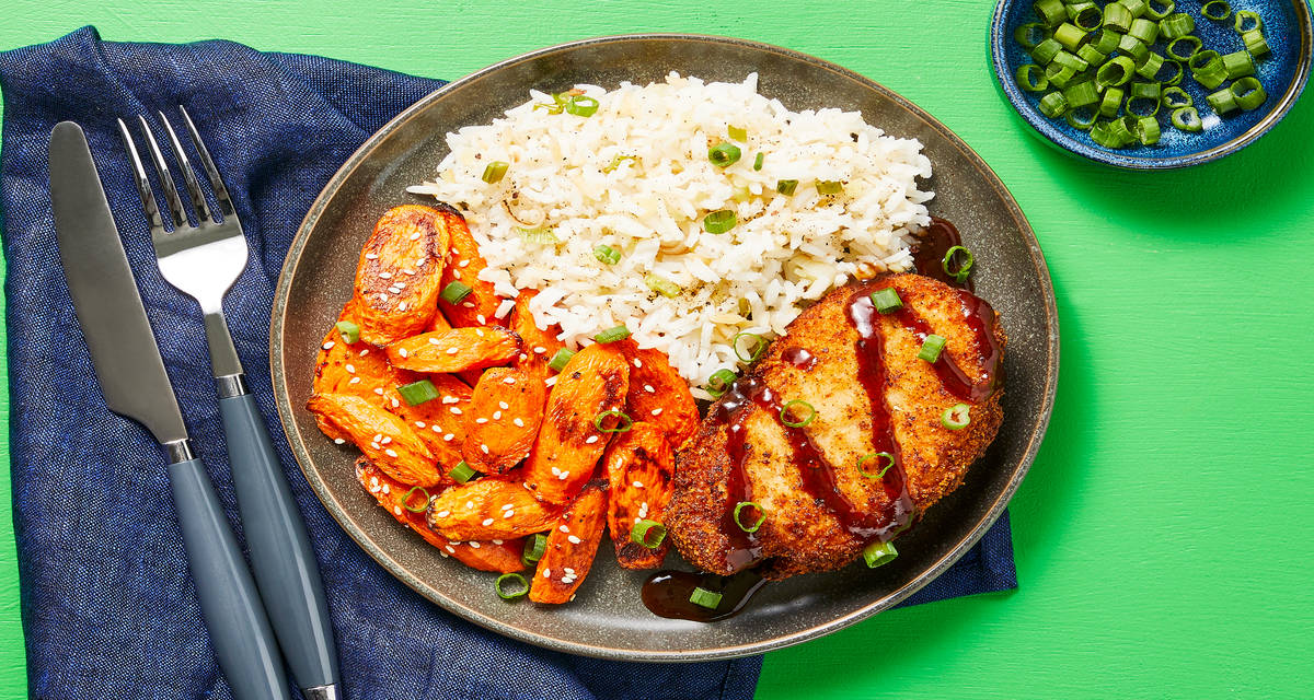 Chicken Katsu with Sesame Roasted Carrots & Ginger Rice