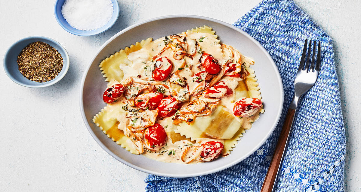 Mushroom Ravioli & Turkey with Caramelized Shallot & Blistered Tomatoes