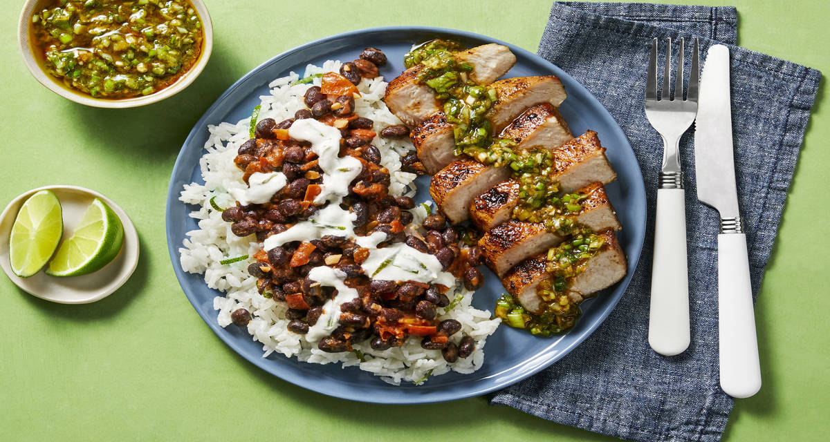 Beef Tenderloin with Zesty Green Onion Salsa & Buttery Black Beans over Rice