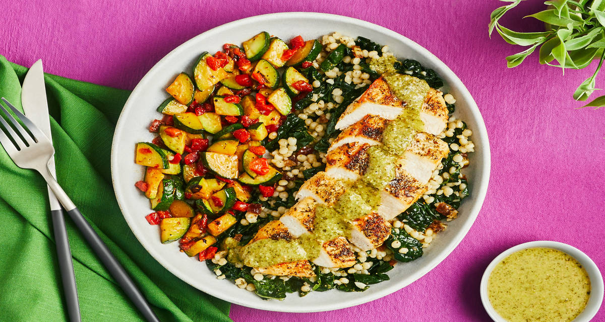 Pistou Chicken Couscous Bowls zucchini, roasted red peppers, kale, dates