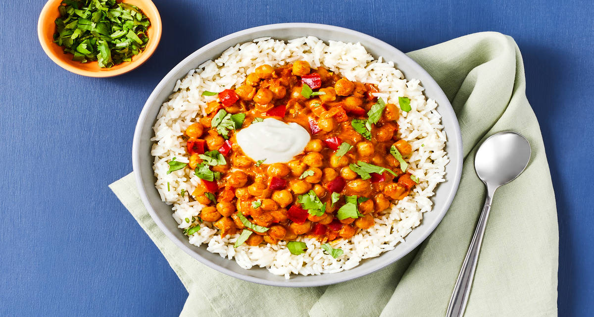 Coconut Curry Shrimp with Chickpeas served with Basmati Rice & topped with Yogurt