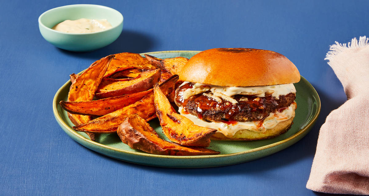 Sweet Thai Chili Burgers with Ginger Scallion Aioli, Crispy Onions & Asparagus