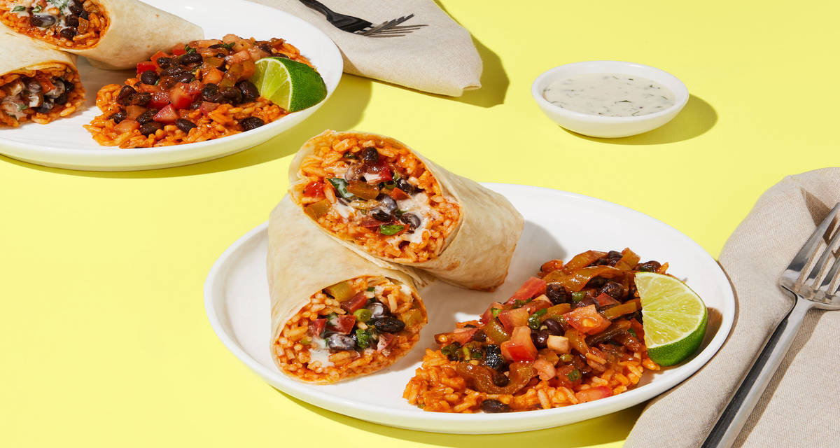 Tex-Mex Beef, Black Bean & Pepper Wrap with Rojo Rice, Pico de Gallo & Creamy Cilantro Sauce