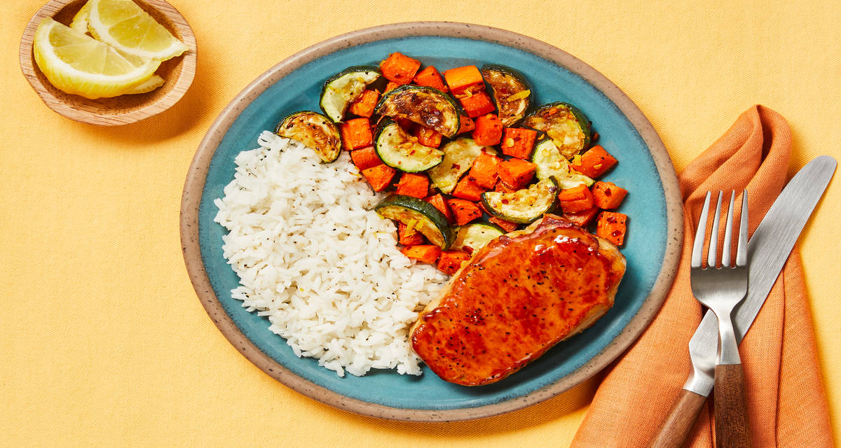 Hot Honey Peach Chicken with Rice & Lemony Roasted Veggies