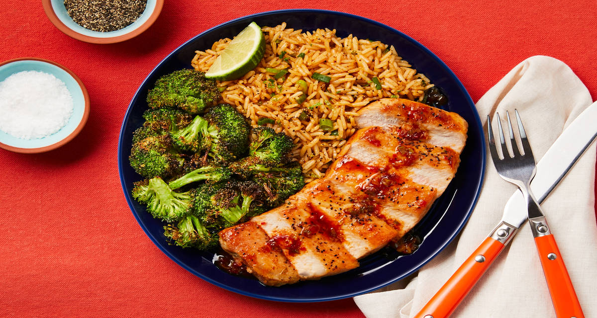 Red Pepper Jam Chicken with Garlic Lime Broccoli & Scallion Rice
