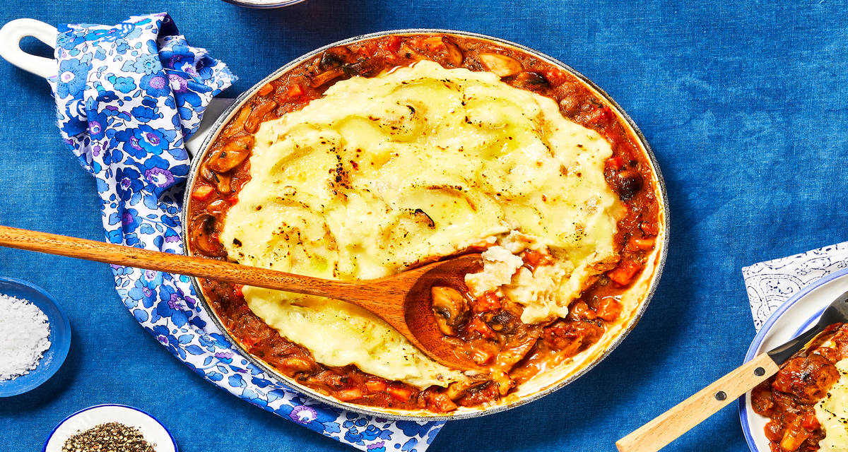 Turkey & Mushroom Shepherd’s Pie topped with White Cheddar Mashed Potatoes