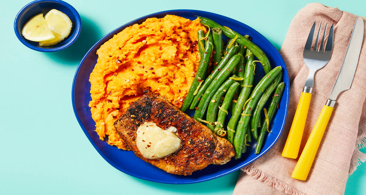 Honey-Butter BBQ Pork Chops with Mashed Sweet Potatoes & Lemony Green Beans