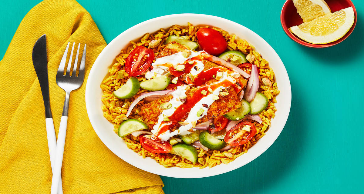 Shawarma-Spiced Grilling Cheese with Pistachio Rice, Garlicky White Sauce & Israeli Salad