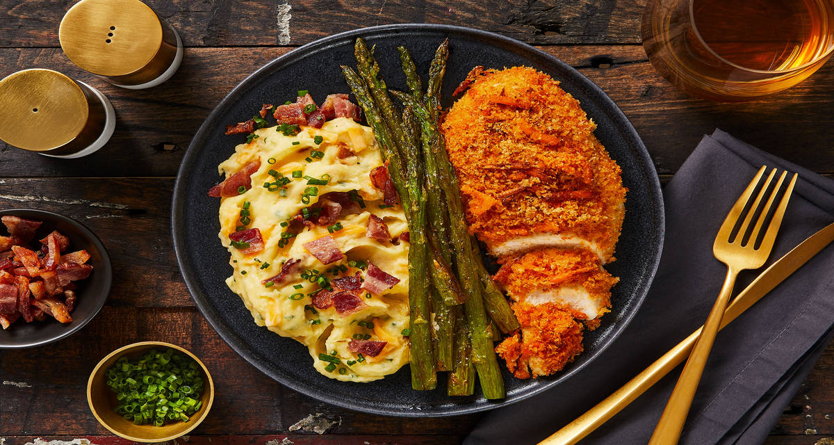 Crispy Cheddar Chicken with Loaded Bacon Mashed Potatoes & Asparagus