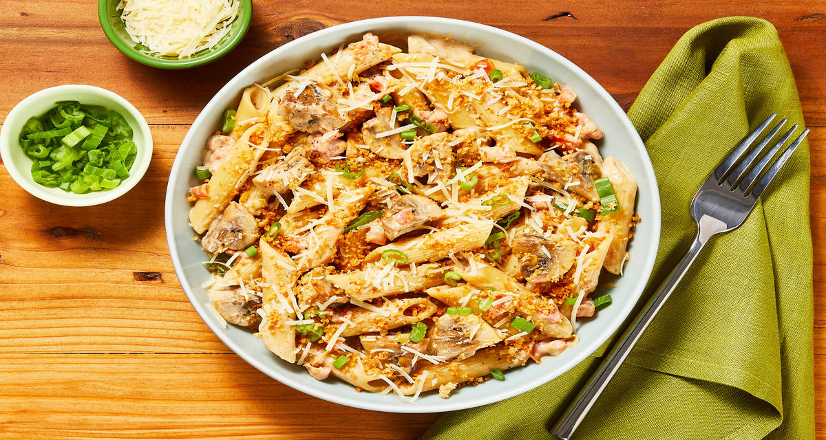 Organic Chicken & Mushroom Penne with Garlicky Panko & Parmesan