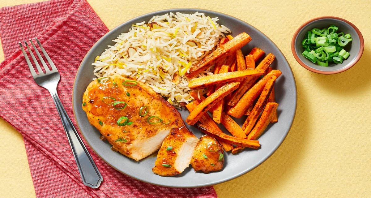 Turkish-Spiced Chicken in Apricot Sauce with Lemon Almond Rice & Harissa-Roasted Asparagus