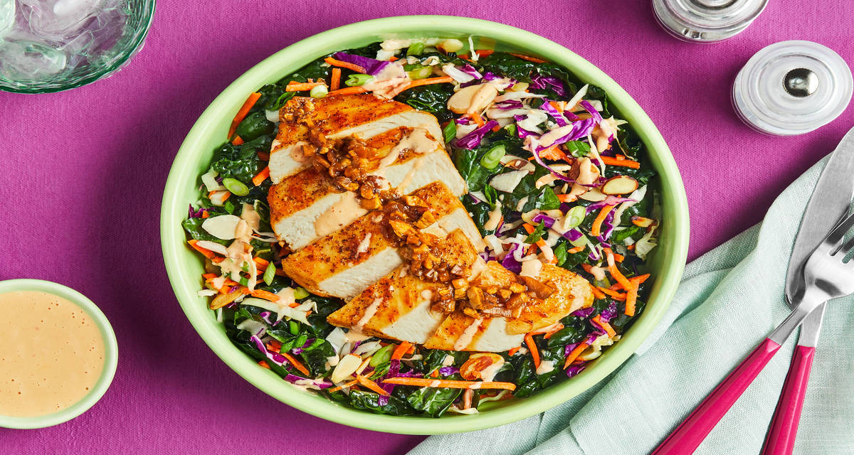 Spicy Chili-Ginger Chicken Kale Salad toasted almonds, saucy mushrooms, ginger-lime aïoli