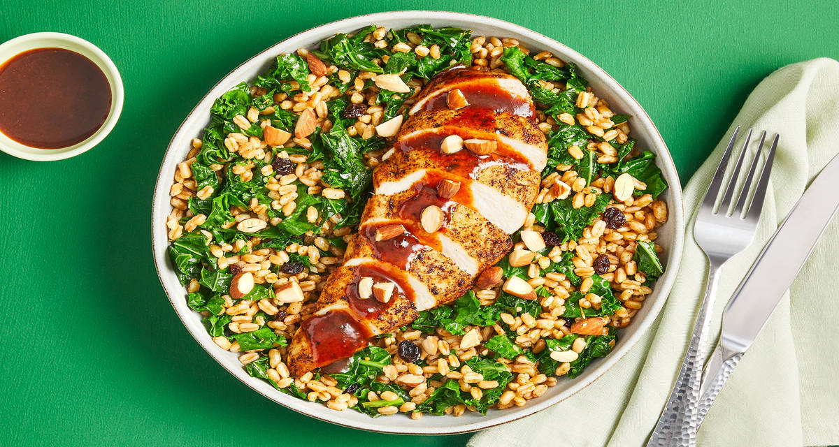 Harissa Apricot Chicken almonds, smoky farro with kale & currants