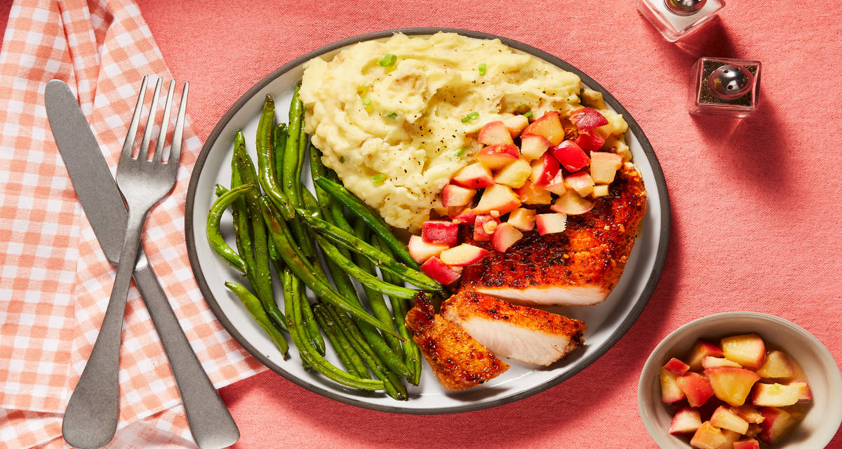 Brown Sugar Bourbon Apple Pork Chops with Apple Pan Sauce, Scallion Mashed Potatoes & Green Beans