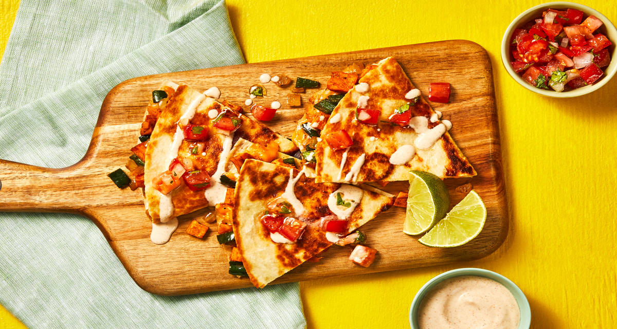 Sweet Potato & Pepper Quesadillas with Southwest Crema & Tomato Salsa