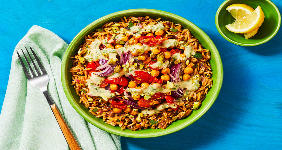 Turkish-Spiced Chicken & Chickpea Bowls with Pistachio Basmati Rice & Lemon-Herb Hummus Sauce