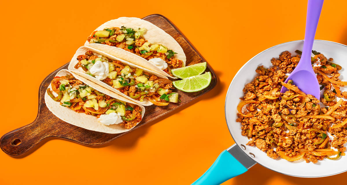One-Pan Pineapple Salsa Pork Tacos with Cilantro & Sour Cream