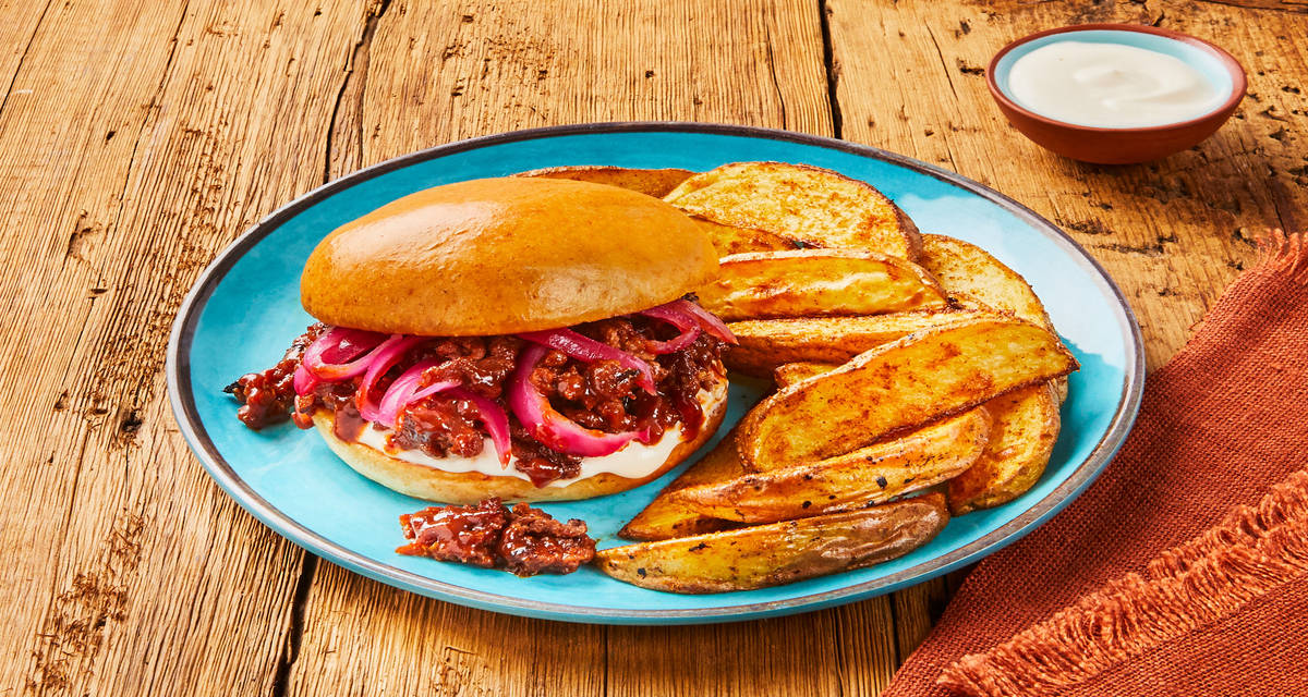 Plant-Based Protein Tex-Mex Messy Janes with Pickled Onion, Roasted Potato Wedges & Lime Mayo