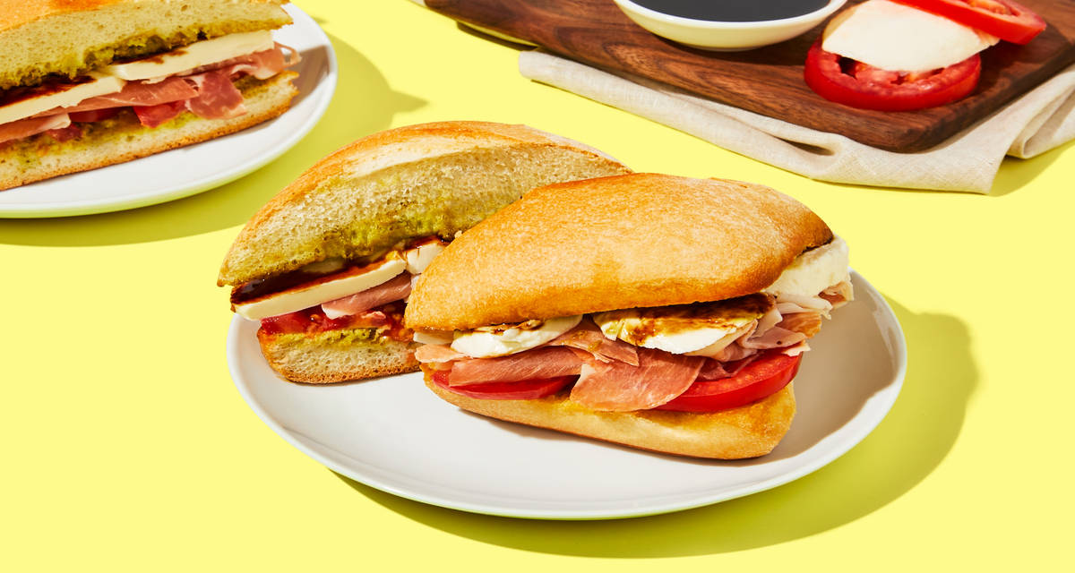 Prosciutto & Mozzarella Sandwiches with Balsamic Drizzle & Tomato