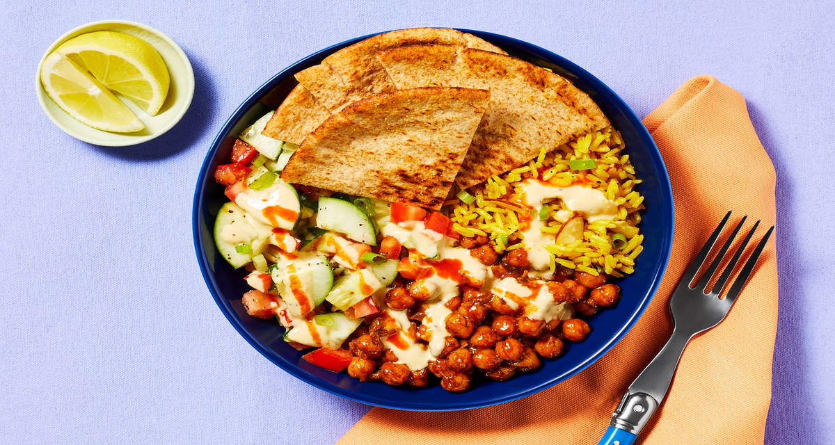 Vegan Street Cart-Style Chickpea Bowls with Yellow Rice, Garlicky Hummus Sauce & Pitas