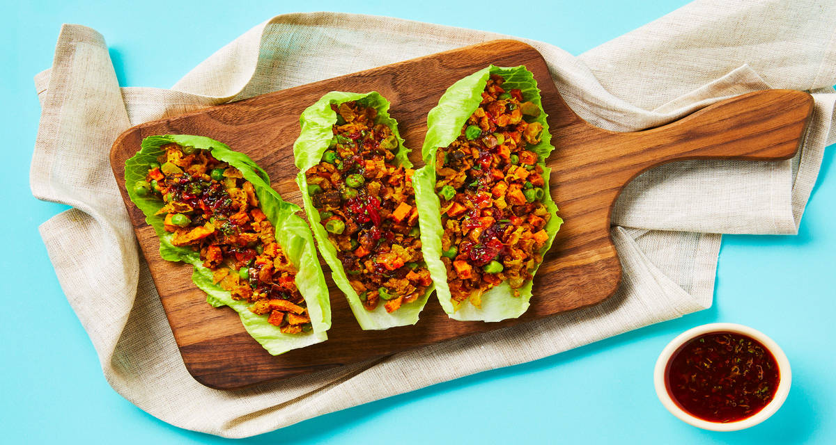 Curried Shrimp & Chickpea Lettuce Wraps with Sweet Potato, Peas & Red Pepper Cilantro Sauce