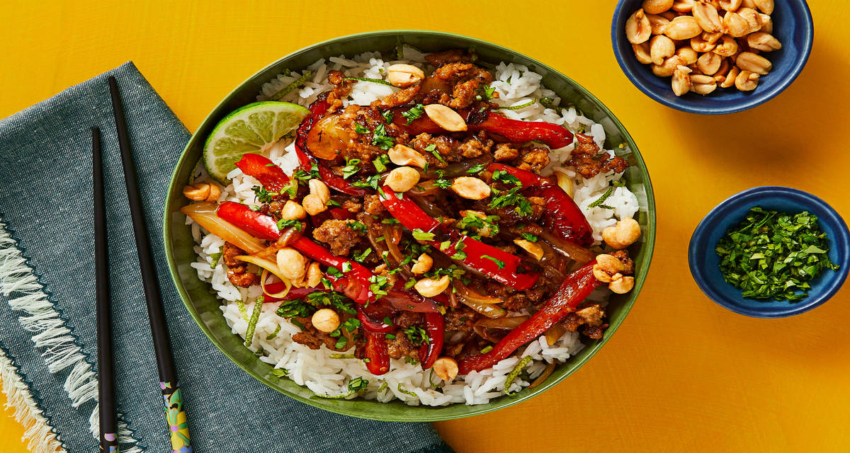 Sweet Chili Turkey Bowls with Bell Pepper & Candied Peanuts