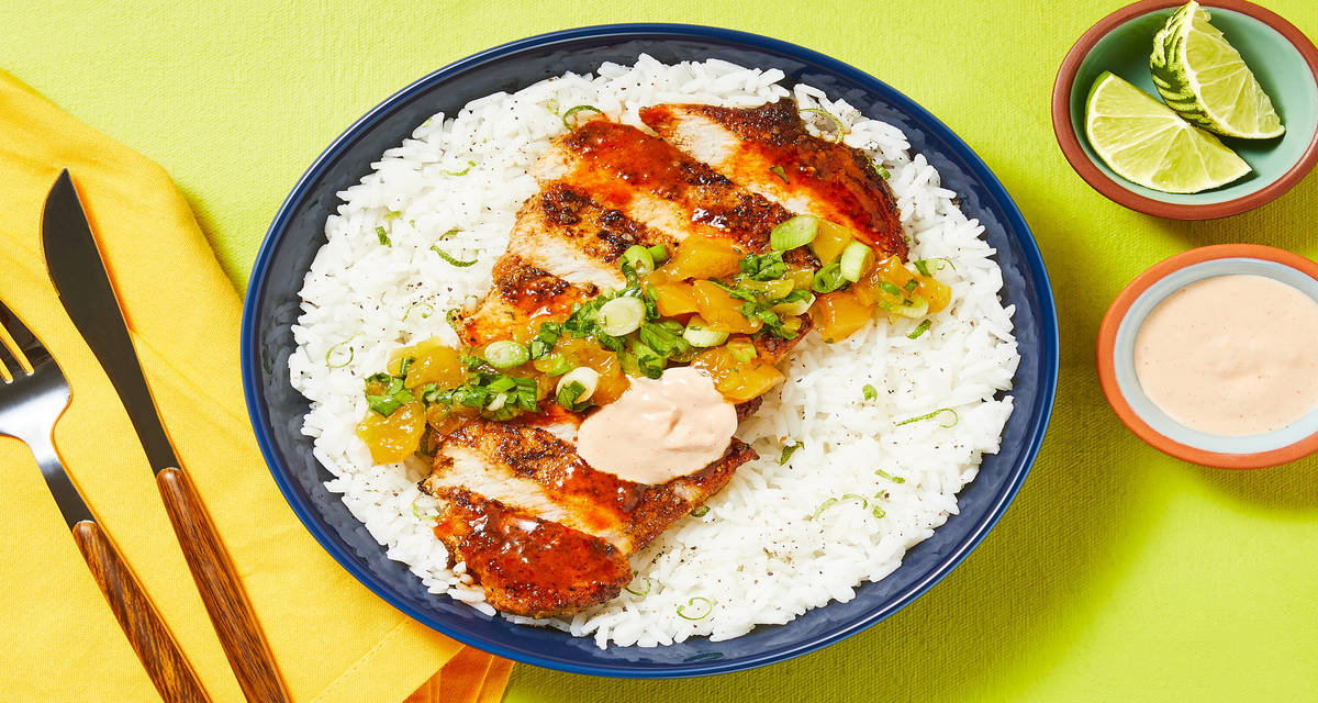 Tex-Mex Pork with Mango Salsa with Zesty Lime Rice & Smoky Red Pepper Crema