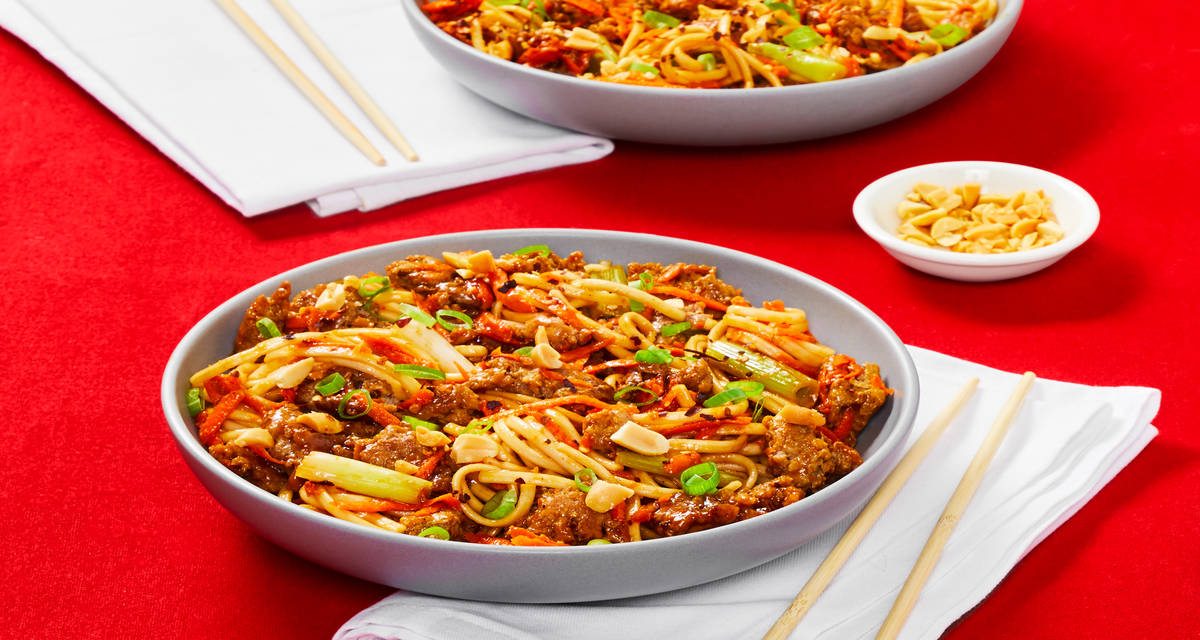 Szechuan Pork Noodle Stir-Fry with Carrot, Scallions & Peanuts