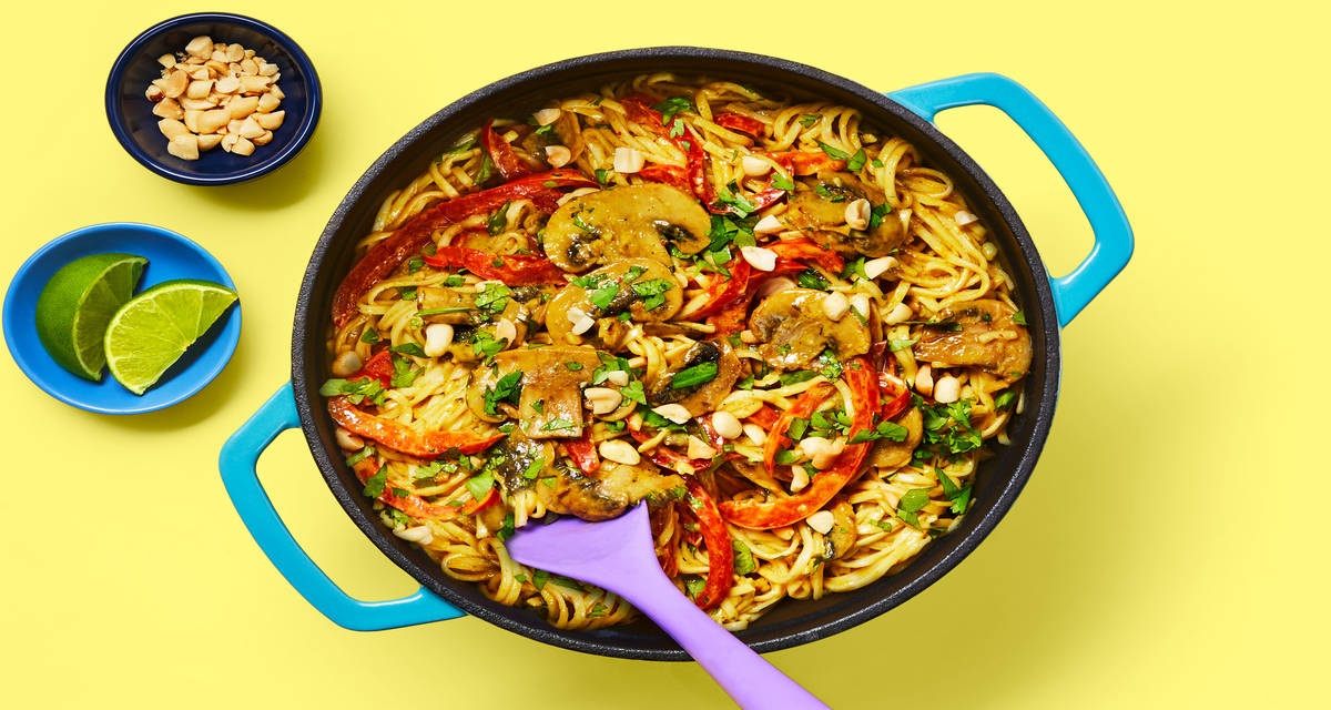 One-Pot Spicy Vegan Curry Stir-Fry with Noodles, Cilantro & Peanuts