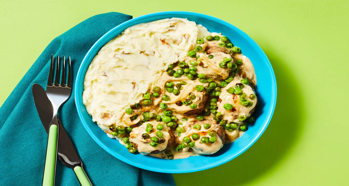 Organic Beef Meatballs & Onion Gravy with Charred Peas & Mashed Potatoes