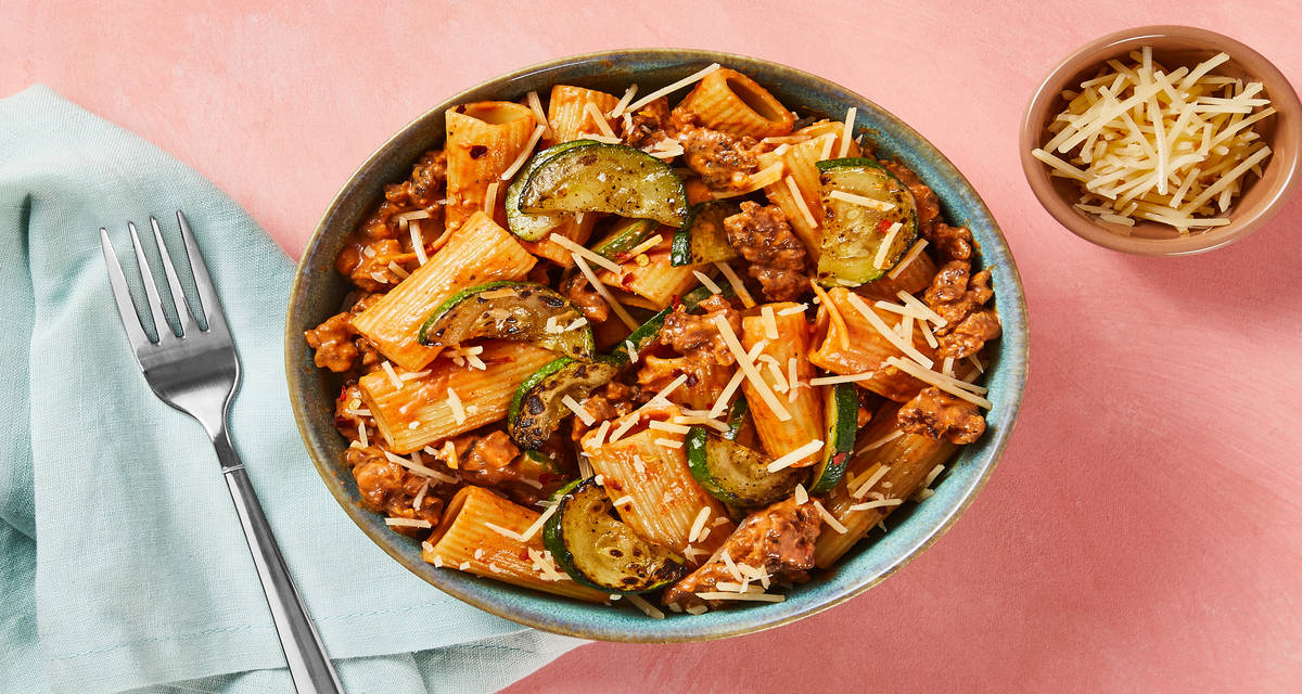 Turkey Rigatoni Rosa with Cream Cheese, Zucchini & Parm