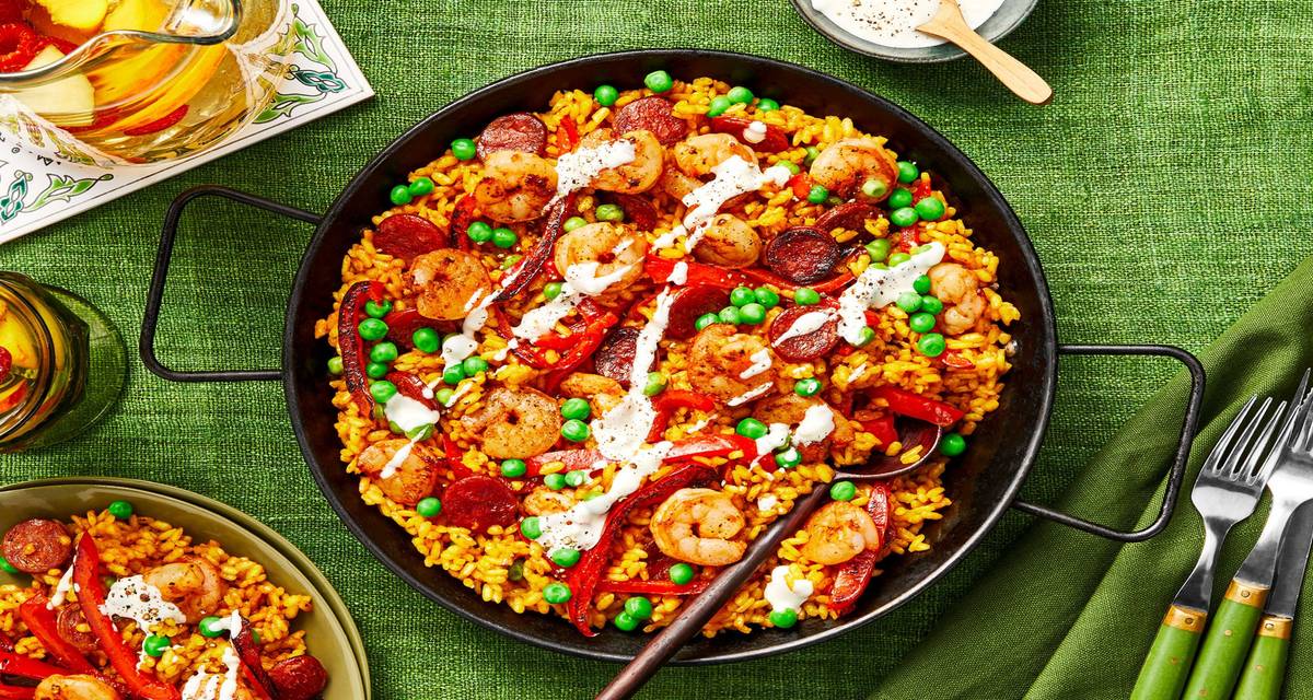 Shrimp & Chorizo Rice Skillet with Peas, Bell Pepper & Garlic Aioli
