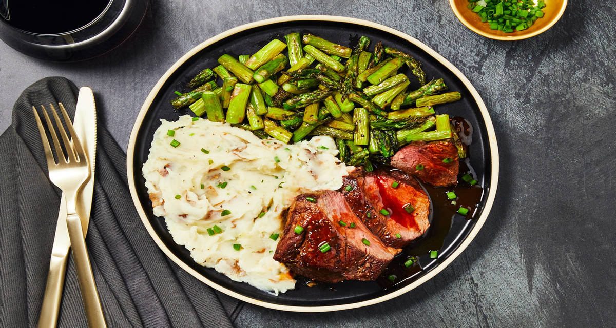 Beef Tenderloin & Balsamic Steak Sauce with Chive Mashed Potatoes & Roasted Asparagus